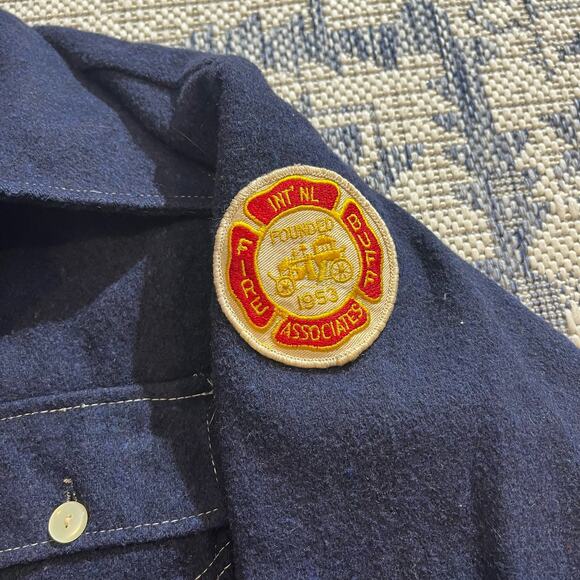 VTG 70's Sears Navy Button Up Americana Firefighter Patch SZ L - Picture 2 of 8